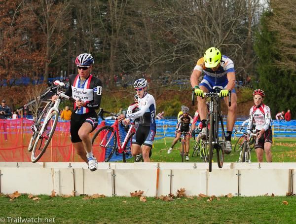 Adam Craig (Team Giant) jumping the barriers as Jeremy Powers (Rapha Focus) runs them