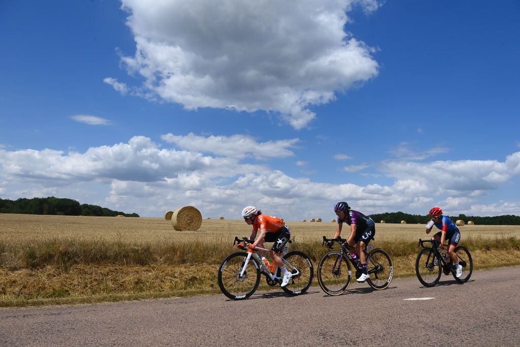BARSURAUBE FRANCE JULY 27 LR Coralie Demay of France and Team St Michel Auber 93 Valerie Demey of Belgium and Team Liv Racing Xstra and Laura Asencio of France and Ceratizit Wnt Pro Cycling Team compete in the breakaway during the 1st Tour de France Femmes 2022 Stage 4 a 1268km stage from Troyes to BarSurAube TDFF UCIWWT on July 27 2022 in BarsurAube France Photo by Tim de WaeleGetty Images