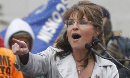 Sarah Palin defended Gov. Scott Walker (R-Wis.) in a fiery speech at the state capitol Saturday: "He's trying to save your jobs and your pensions."