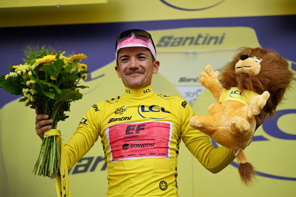 TORINO ITALY JULY 01 Richard Carapaz of Ecuador and Team EF Education EasyPost celebrates at podium as Yellow Leader Jersey winner during the 111th Tour de France 2024 Stage 3 a 2308km stage from Piacenza to Torino UCIWT on July 01 2024 in Torino Italy Photo by Tim de WaeleGetty Images