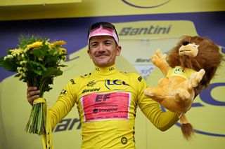 TORINO ITALY JULY 01 Richard Carapaz of Ecuador and Team EF Education EasyPost celebrates at podium as Yellow Leader Jersey winner during the 111th Tour de France 2024 Stage 3 a 2308km stage from Piacenza to Torino UCIWT on July 01 2024 in Torino Italy Photo by Tim de WaeleGetty Images