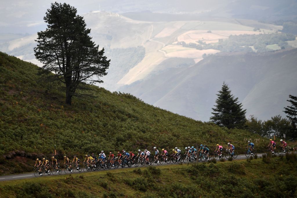 The pack rides during the 9th stage of the 107th edition of the Tour de France cycling race 154 km between Pau and Laruns on September 6 2020 Photo by AnneChristine POUJOULAT AFP Photo by ANNECHRISTINE POUJOULATAFP via Getty Images