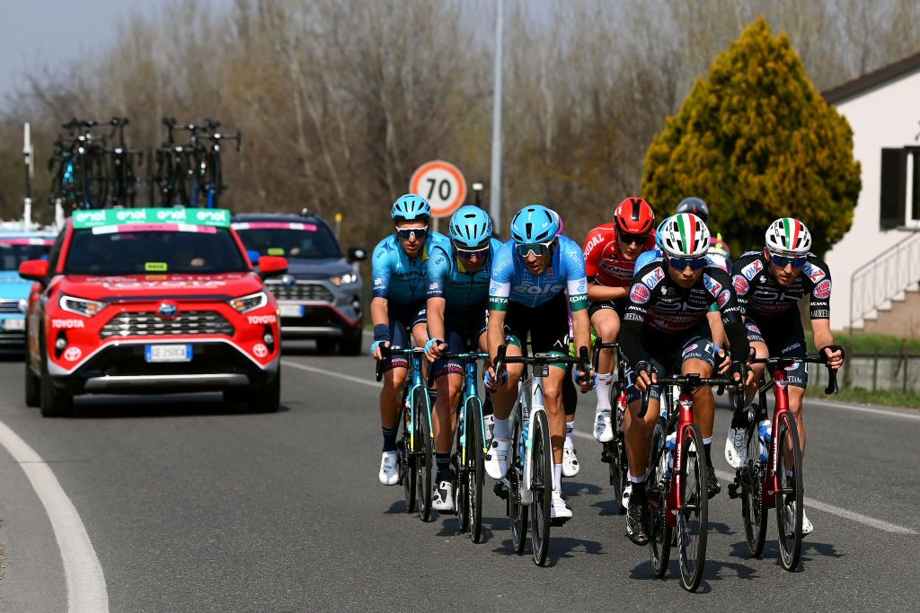 SANREMO ITALY MARCH 19 LR Yevgeniy Gidich of Kazahkstan Artyom Zakharov of Kazahkstan and Team Astana Qazaqstan Samuele Rivi of Italy and EoloKometa Cycling Team Filippo Conca of Italy and Team Lotto Soudal Ricardo Alejandro Zurita of Venezuela and Team Drone Hopper Androni Giocattoli Sidermec and Filippo Tagliani of Italy and Team Drone Hopper Androni Giocattoli Sidermec compete in the breakaway during the 113th MilanoSanremo 2022 a 293km one day race from Milano to Sanremo MilanoSanremo on March 19 2022 in Sanremo Italy Photo by Tim de WaeleGetty Images