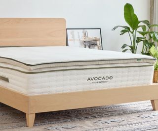 An Avocado Organic mattress topper on an Avocado Green Mattress in a minimalist bedroom