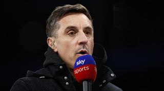 Gary Neville working on Sky Sports as part of their coverage of Aston Villa vs Sheffield United in December 2023.