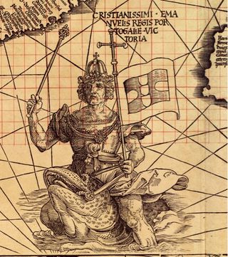 Portugese King Manuel riding sea monster
