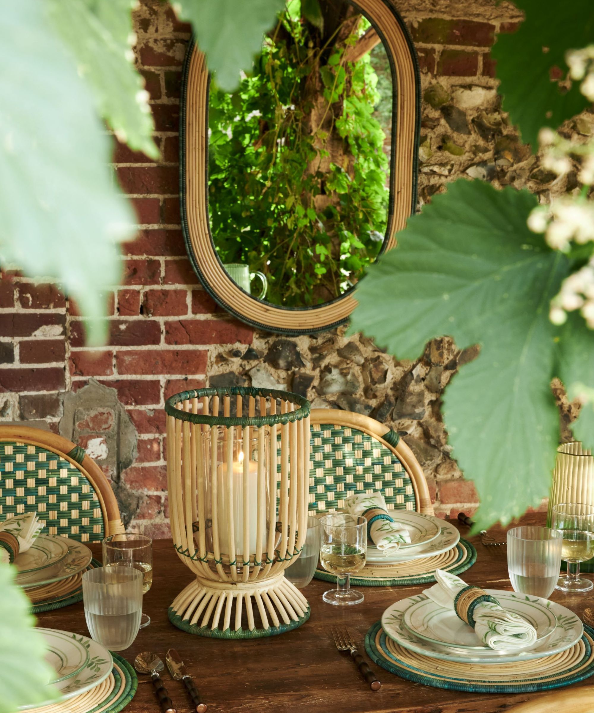 Green and bamboo rattan garden table setting
