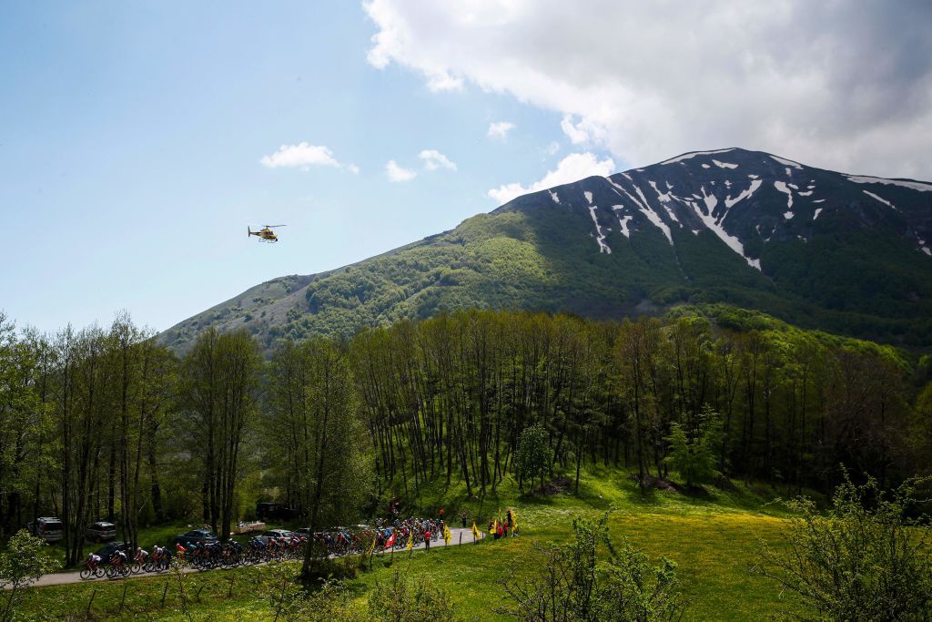 The pack rides in the second ascent during the 7th stage of the Giro dItalia 2022 cycling race 196 kilometers between Diamante and Potenza southwestern Italy Photo by Luca Bettini AFP Photo by LUCA BETTINIAFP via Getty Images