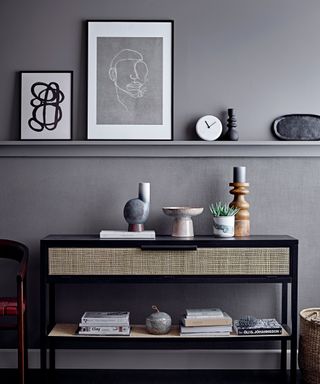 Grey wall with console table and picture ledge