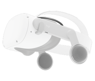 A photo of the Logitech Chorus speakers on a Meta Quest 2 VR headset.