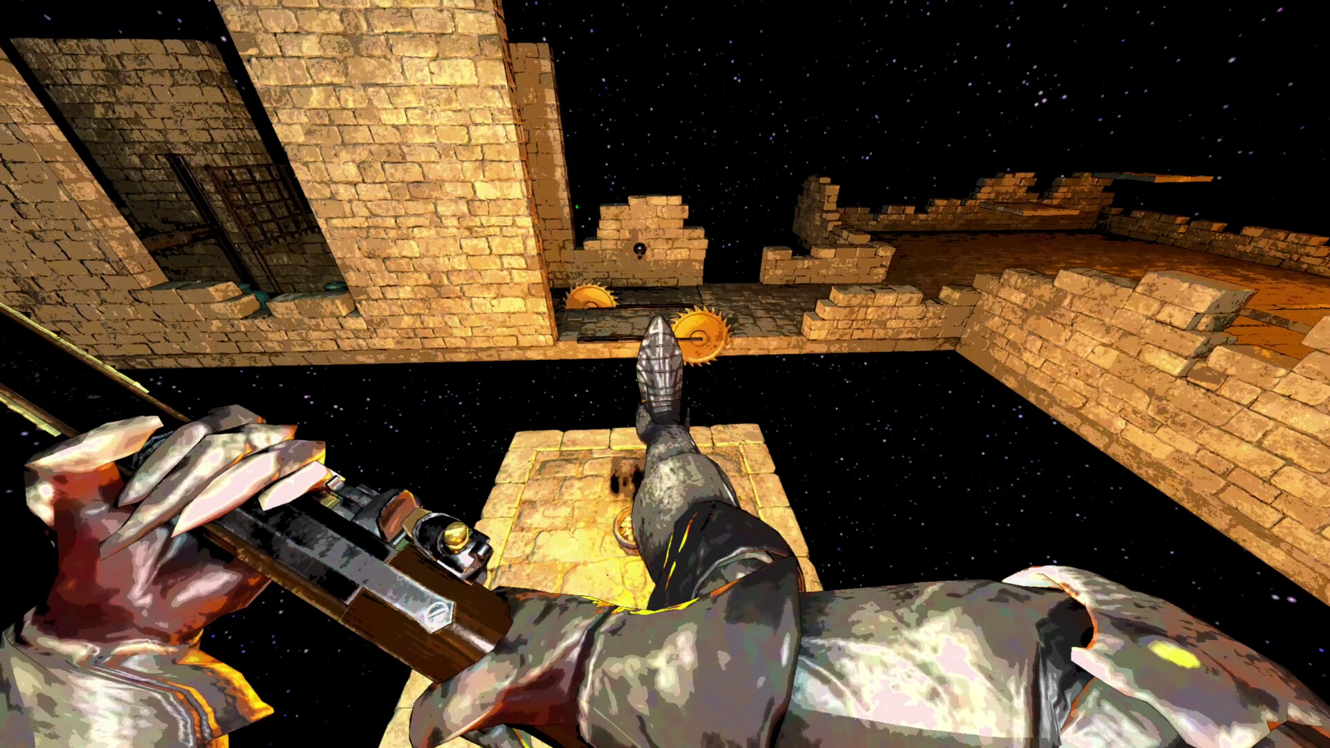 Mortal Sin gameplay showing protagonist kicking and jumping in dungeon environment suspended in black void.