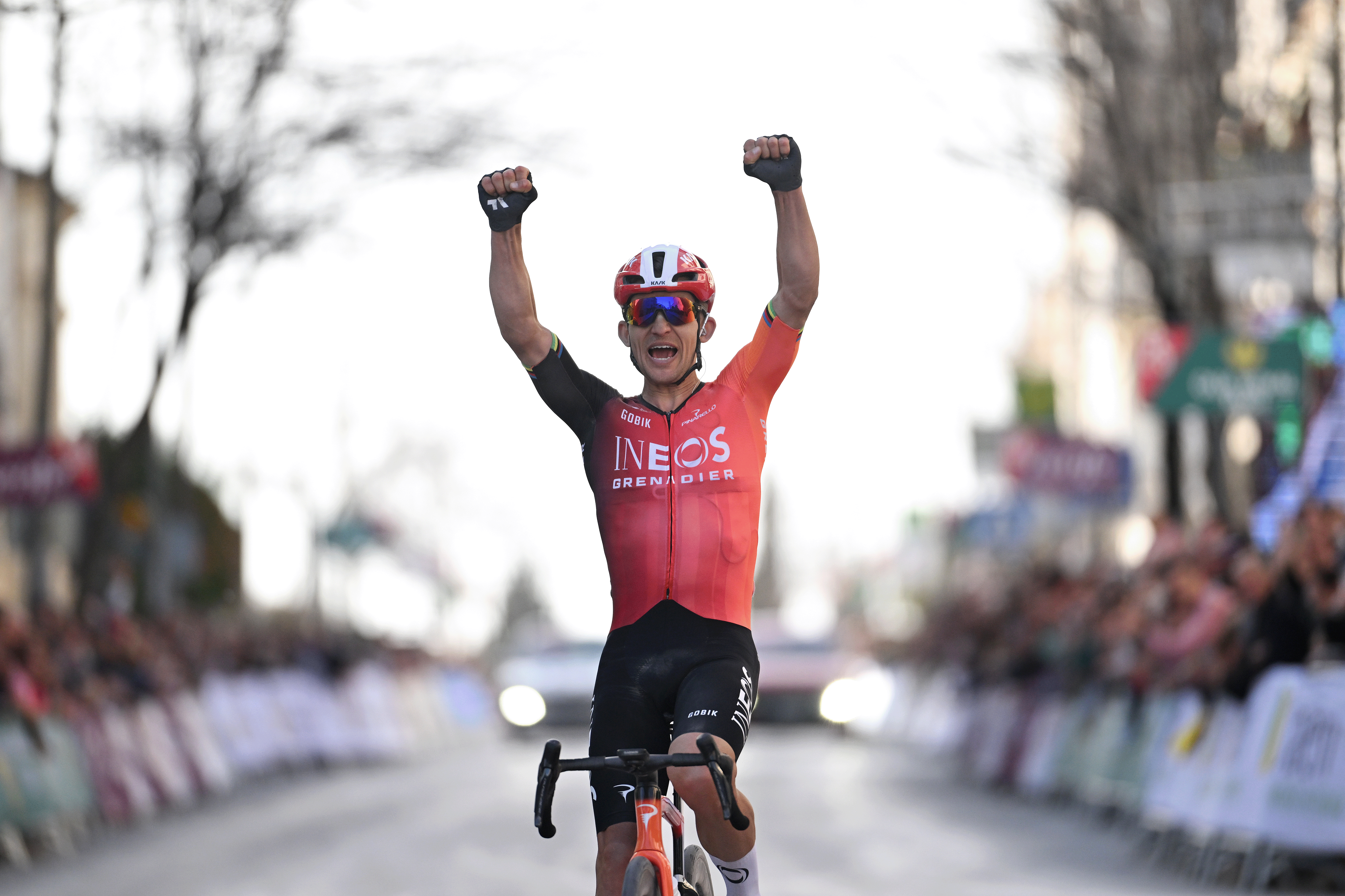 UBEDA, SPAIN - FEBRUARY 17: Michal Kwiatkowski of Poland and Team INEOS Grenadiers celebrates at finish line as race winner during the 4th Clasica Jaen Paraiso Interior 2025 a 169.2km one day race from Ubeda to Ubeda on February 17, 2025 in Ubeda, Spain. (Photo by Tim de Waele/Getty Images)