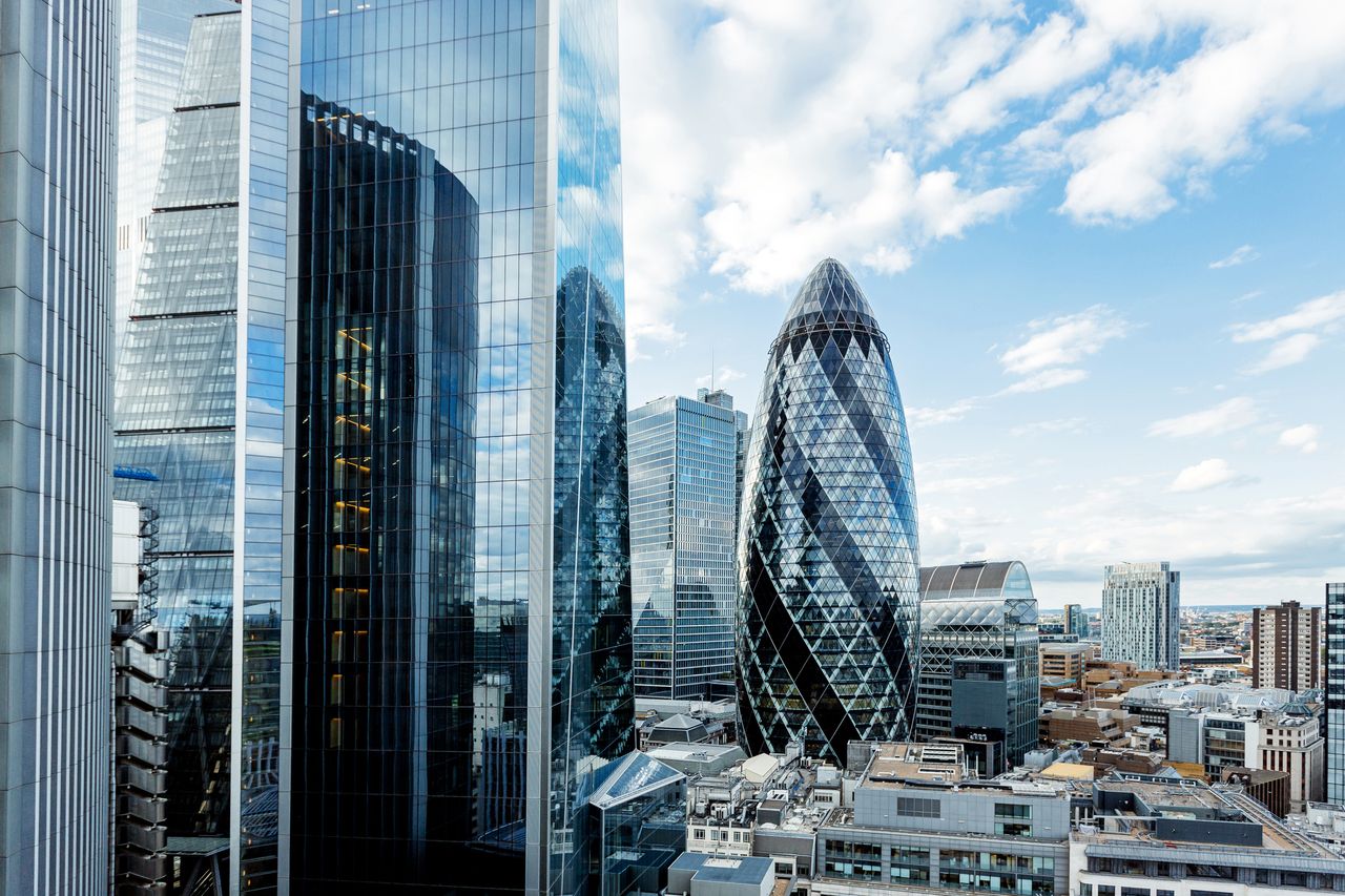 &quot;The Gherkin&quot; and skyscraper of London City, high angle view, England, UK