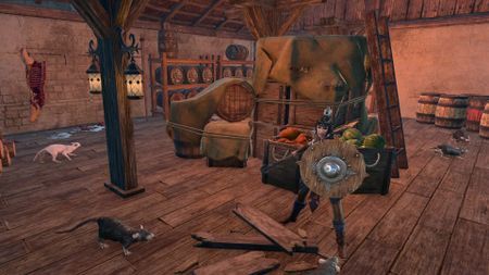 Shadowheart stands defensively against aggressive rats in a cluttered room with wooden floors and beams