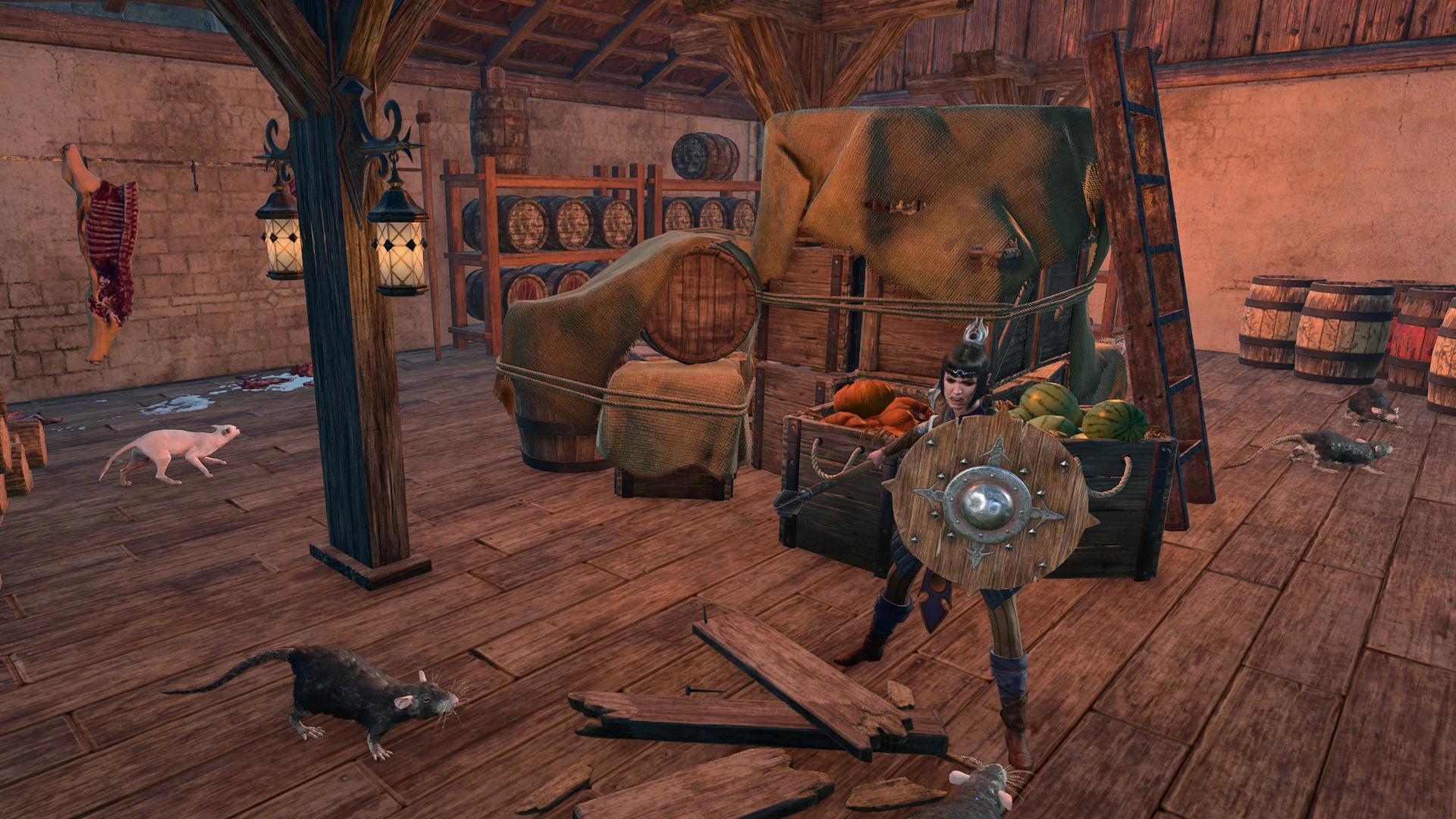 Shadowheart stands defensively against aggressive rats in a cluttered room with wooden floors and beams