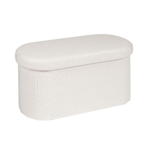 Bonlife Folding Ottoman Storage Bench,boucle Footstool Oval, End of Bed Stool, Ideal for Living Room, Bedroom,76x38x38cm,white