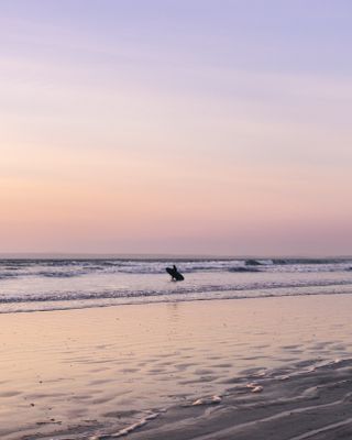 Photo of a distant lone surfer standing in gentle waves on the beach.