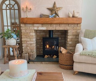 a fireplace with brick slip cladding