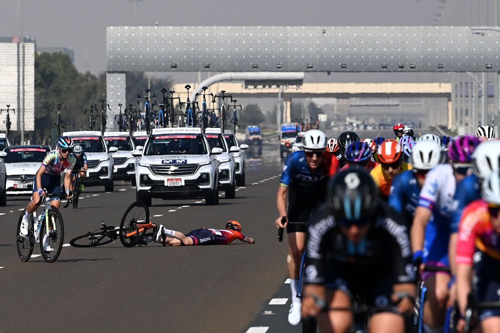 ABU DHABI UNITED ARAB EMIRATES FEBRUARY 12 Lily Williams of The United States and Team Human Powered Health L involved in a crash during the 1st UAE Tour Women 2023 Stage 4 a 119km stage from Fatima Bint Mubarak Ladies Sports Academy to Abu Dhabi Breakwater UAETourWomen UCIWWT on February 12 2023 in Abu Dhabi United Arab Emirates Photo by Tim de WaeleGetty Images