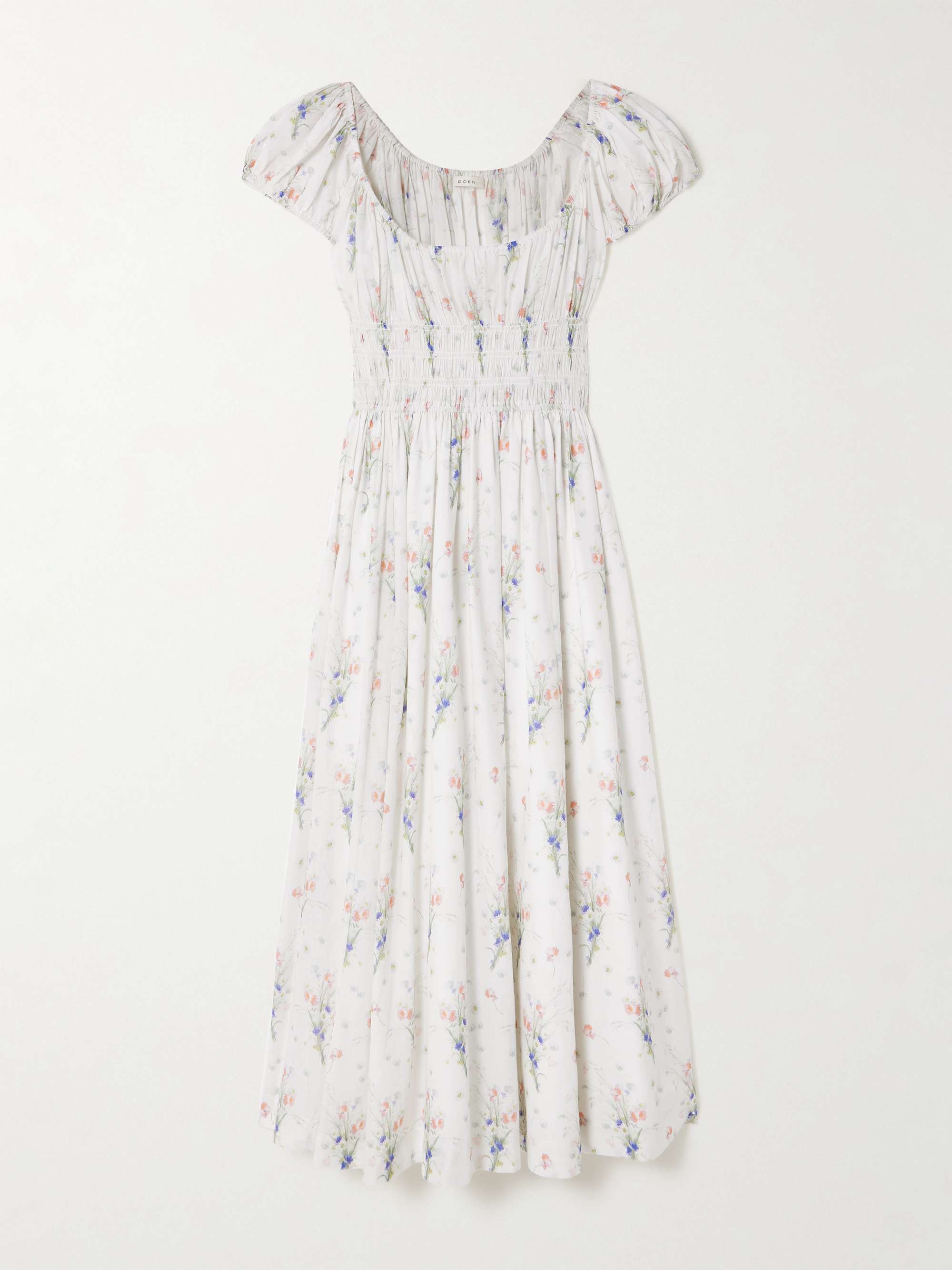 Quinley Shirred Floral-Print Organic Cotton Midi Dress