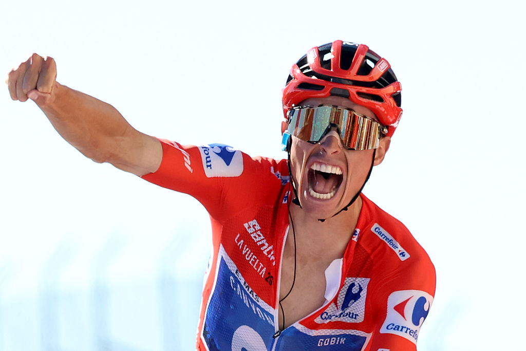 Enric Mas (Movistar Team) winds stage 9 of the 2026 Vuelta Espa&ntilde;a in the leader's red jersey at Alto de Aitana, Spain. (Photo by Alexander Hassenstein/2026 Getty Images)