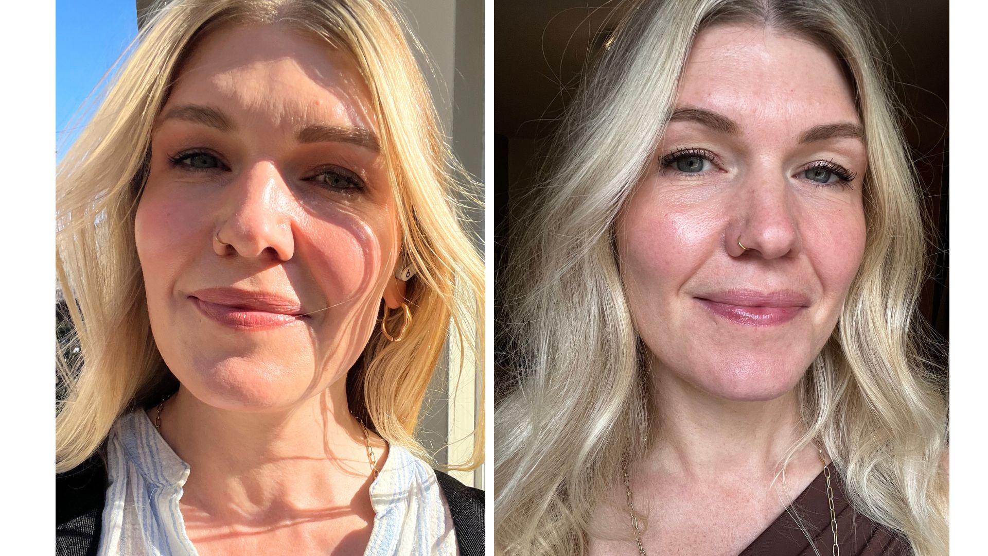 beauty editor Fiona McKim pictured wearing Trinny skin tint, in one photo outdoors with blue skies behind, and in one photo indoors
