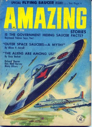 Cover of the October 1957 issue of pulp science fiction magazine Amazing Stories. This was a special edition devoted to 'flying saucers,' which became a national obsession after airline pilot Kenneth Arnold sighted a saucer-shaped flying objects in 1947.