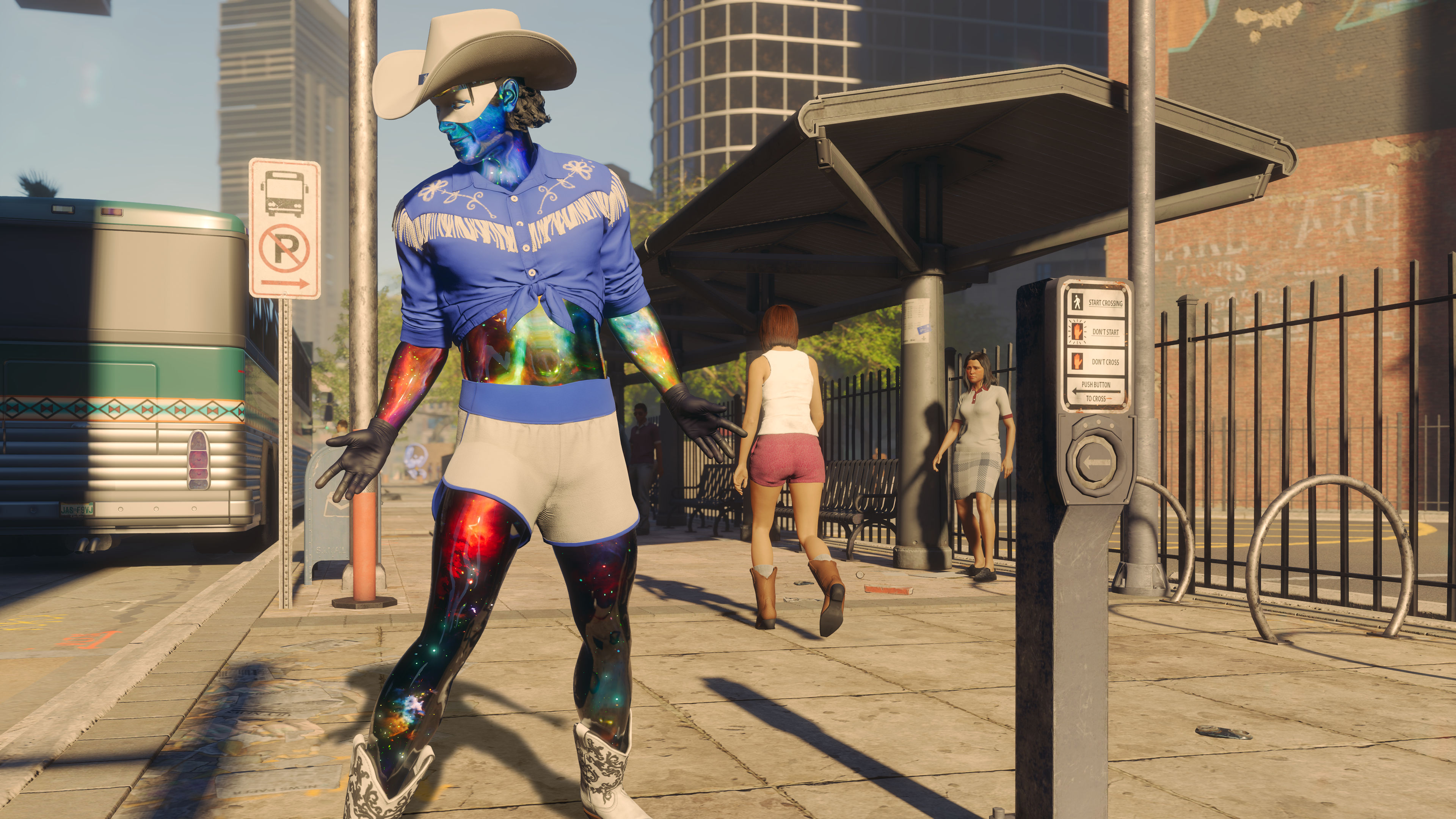 A Saints Row character with a galaxy skin effect