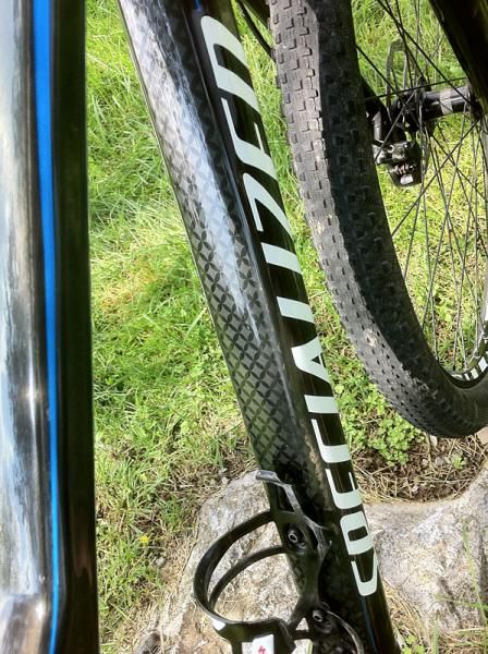 Faux carbon graphics are part of the finished look on the down tube