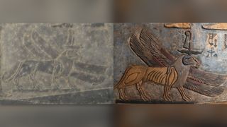 Ancient Egyptian temple ceiling before restoration, covered in thousands of years' worth of dust and soot. After restoration reveals representation of the south wind as a lion with four wings and a ram's head.