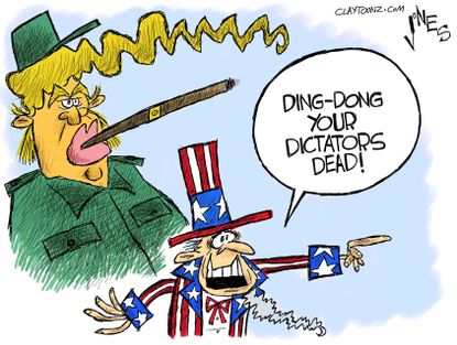 Political cartoon U.S. World dictators Fidel Castro Donald Trump
