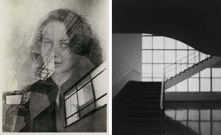 Pictured left: a double exposure by an unknown photographer of artist and weaver Otti Berger and the school’s facade, from 1931. Right: Hiroshi Sugimoto’s image of one of the stairways inside the building, from 2013