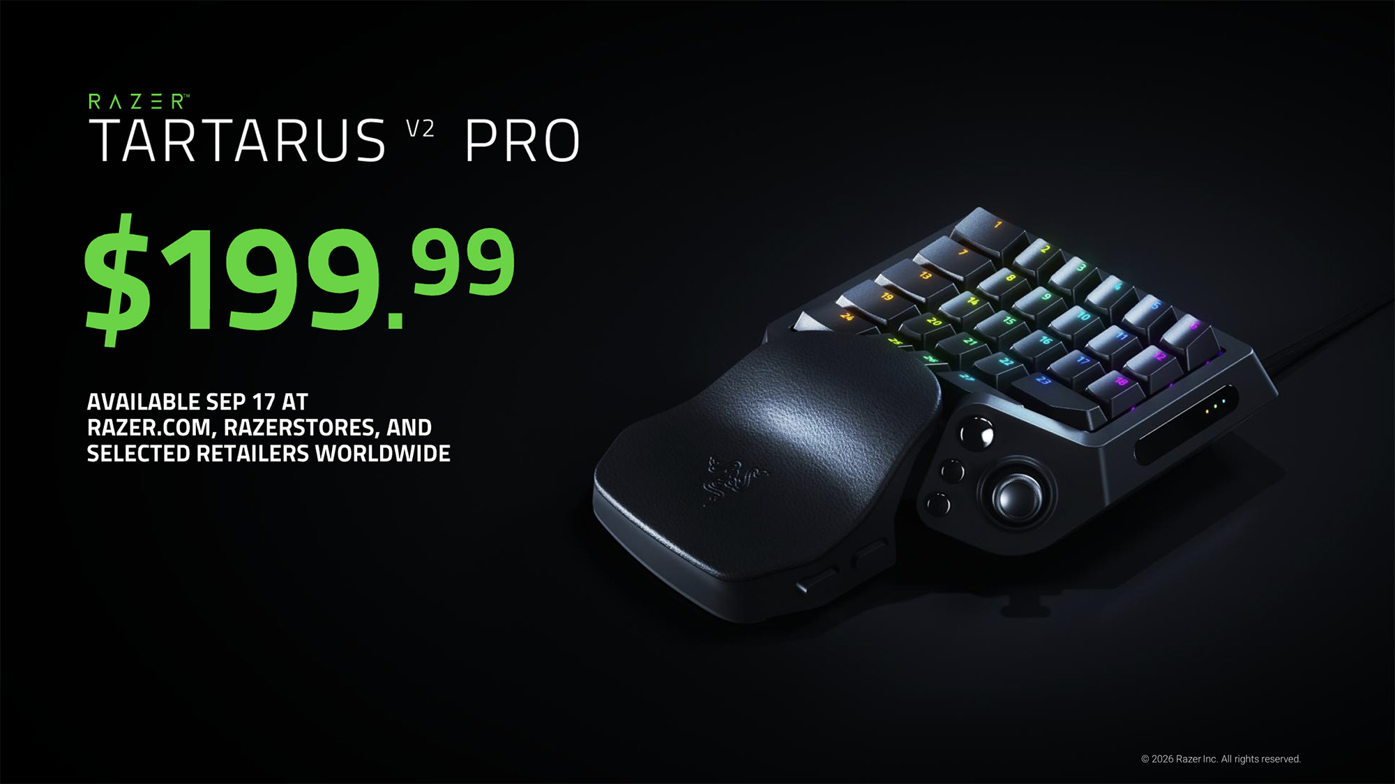 Razer Tartarus V2 Pro promotional image with $199.99 pricing