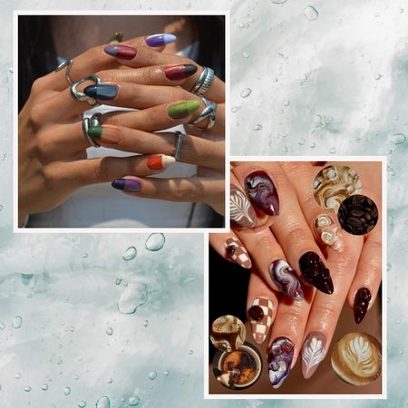 two maximalist manicures with colorful polish on a light blue background
