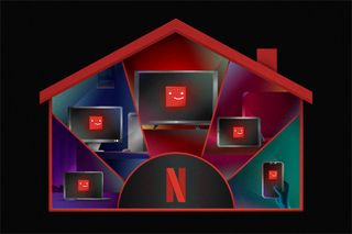 An illustration of one household with 5 devices using Netflix in it, with the red Netflix N logo