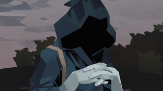 An image of a hooded figure from Dredge with their fingers interlaced, features obscured by a grim cloak.