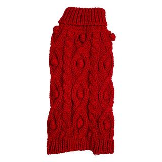 A product image of a red chunky cable-knit dog sweater, for Christmas sweaters for dogs.
