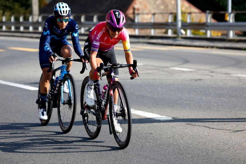 LAUSANNE SWITZERLAND OCTOBER 07 LR Arlenis Sierra Caadilla of Cuba and Movistar Team Women and Ashleigh Moolman Pasio of South Africa and Team SD Worx attack during the 1st Tour de Romandie Feminin 2022 Stage 1 a 1344km stage from Lausanne to Lausanne TDRwomen TDRF on October 07 2022 in Lausanne Switzerland Photo by Bas CzerwinskiGetty Images