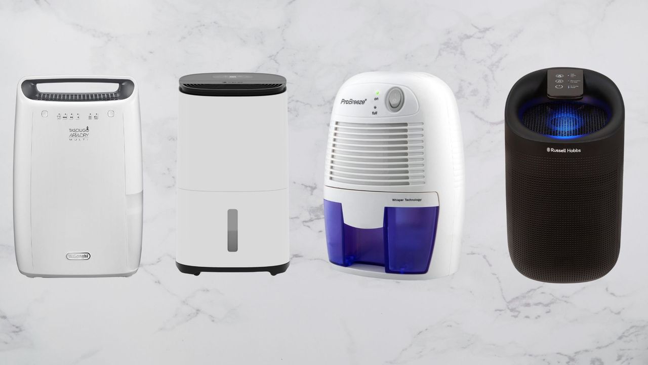 Four of the best dehumidifiers (the De&#039;Longhi, Meaco, ProBreeze, and Russel Hobbs models) on a marble background