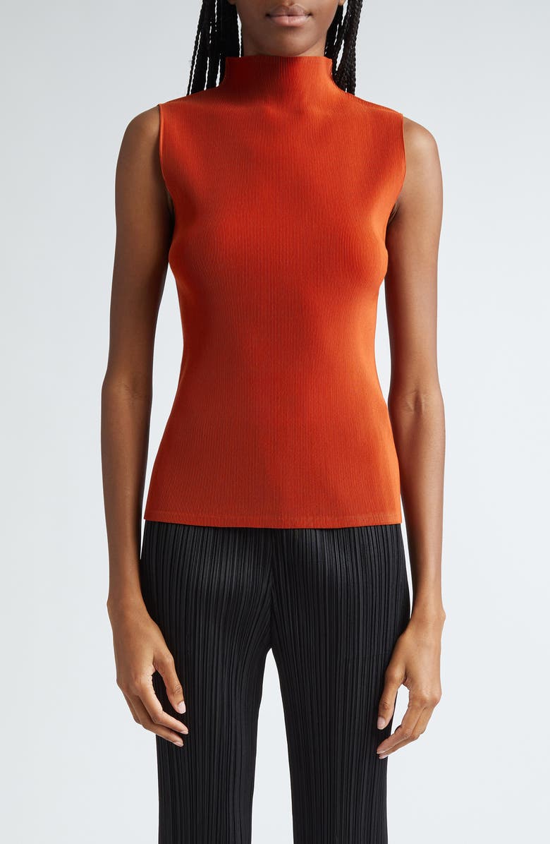 Pleated Funnel Neck Sleeveless Top