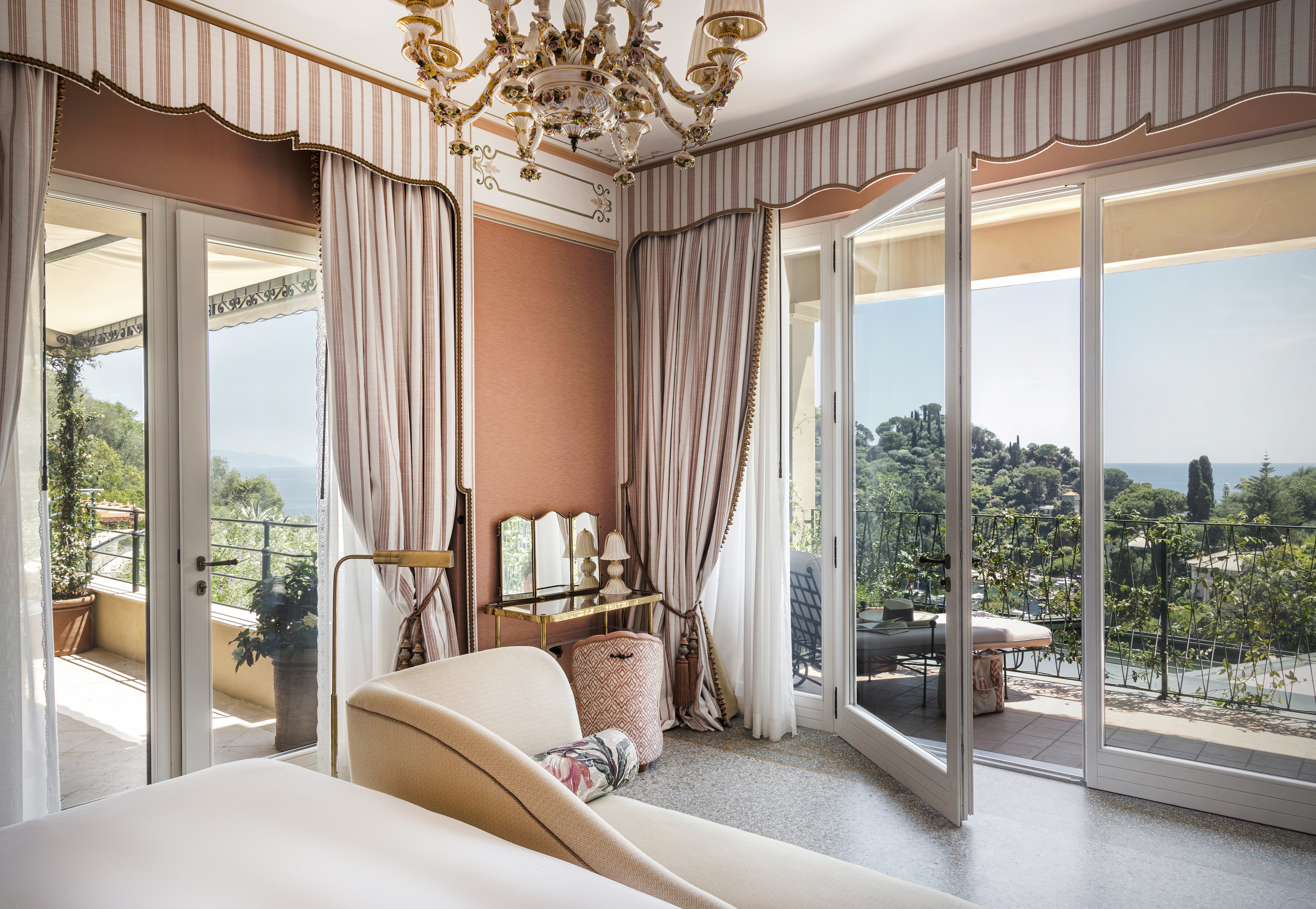 Interior and exterior shots of the Splendido hotel in Portofino, Italy