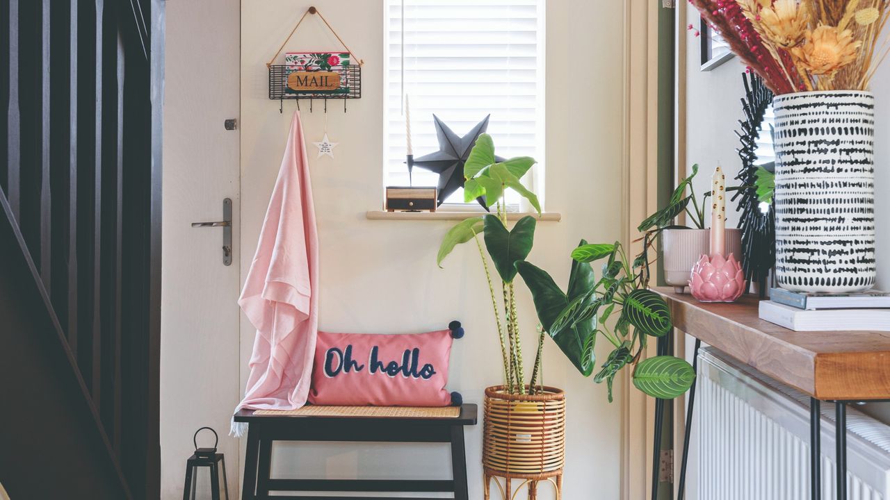 A hallway with a small bench and a slogan cushion, a large plant and a console table to the side