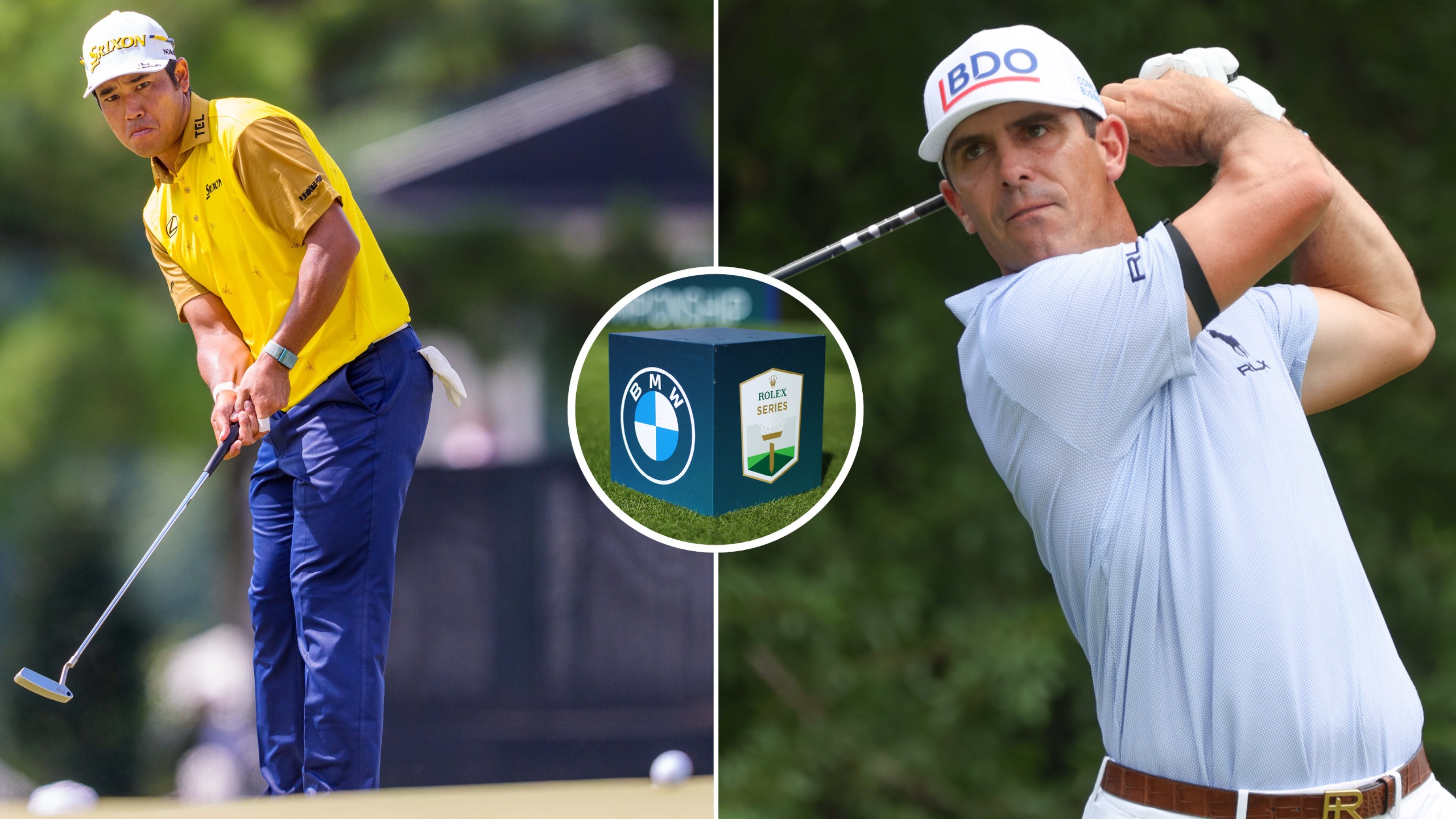 Hideki Matsuyama hits a putt and Billy Horschel hits a driver