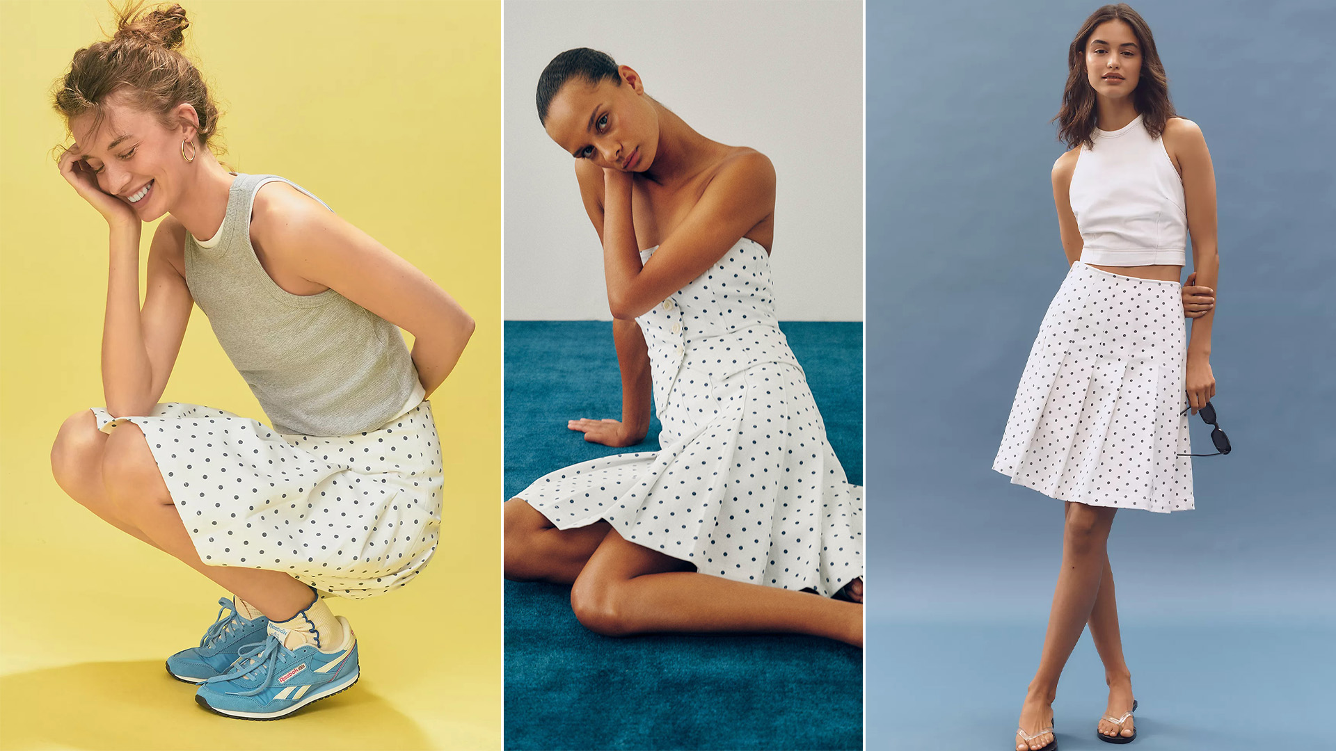 Collage of models wearing polka-dot skirts.