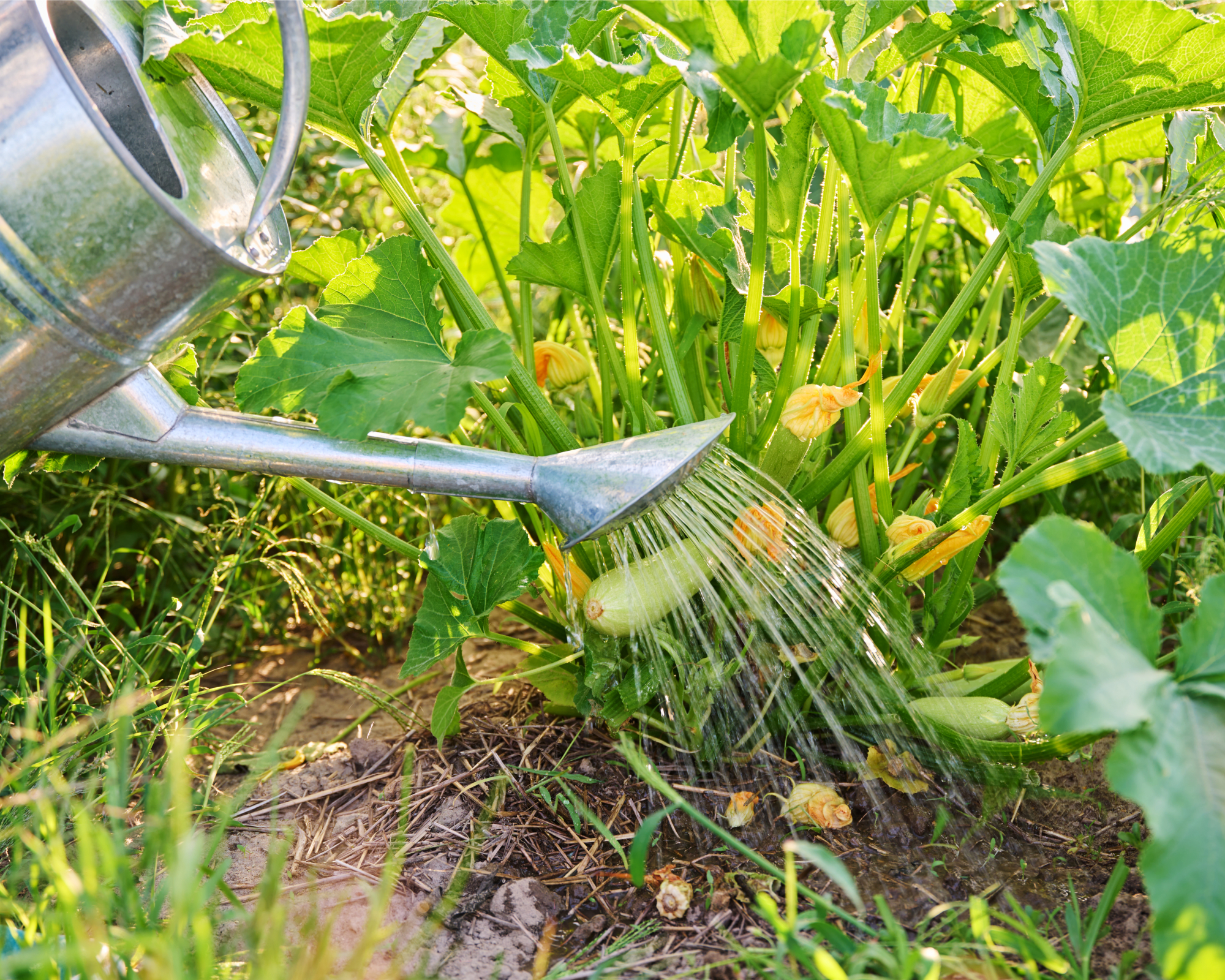 watering can watering zucchini plant