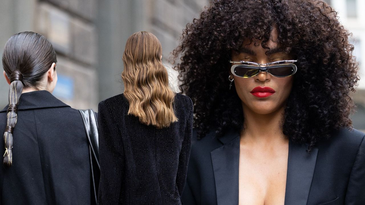 Three women at Milan Fashion Week wearing hair trends 2023