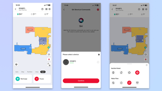 three screenshots from the ultenic app showing the D10 mapping capabilities, cleaning customization, and smart home capabilities