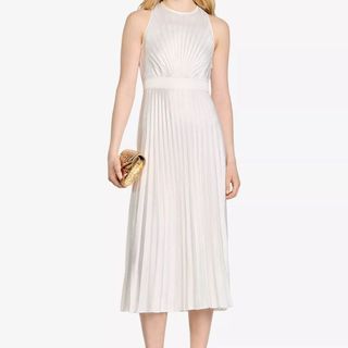 Sandro Pleated Round-Neck Satin Midi Dress