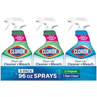 Clorox Clean-Up Cleaner + Bleach1 Value Pack, showing three bottles with spray of Clorox