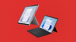Microsoft Surface Pro 9 and Surface Pro 8 with Type Cover keyboard on a red background